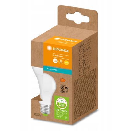 Светодиодная лампочка из переработанного пластика A60 E27/8,5W/230V 2700K - Ledvance