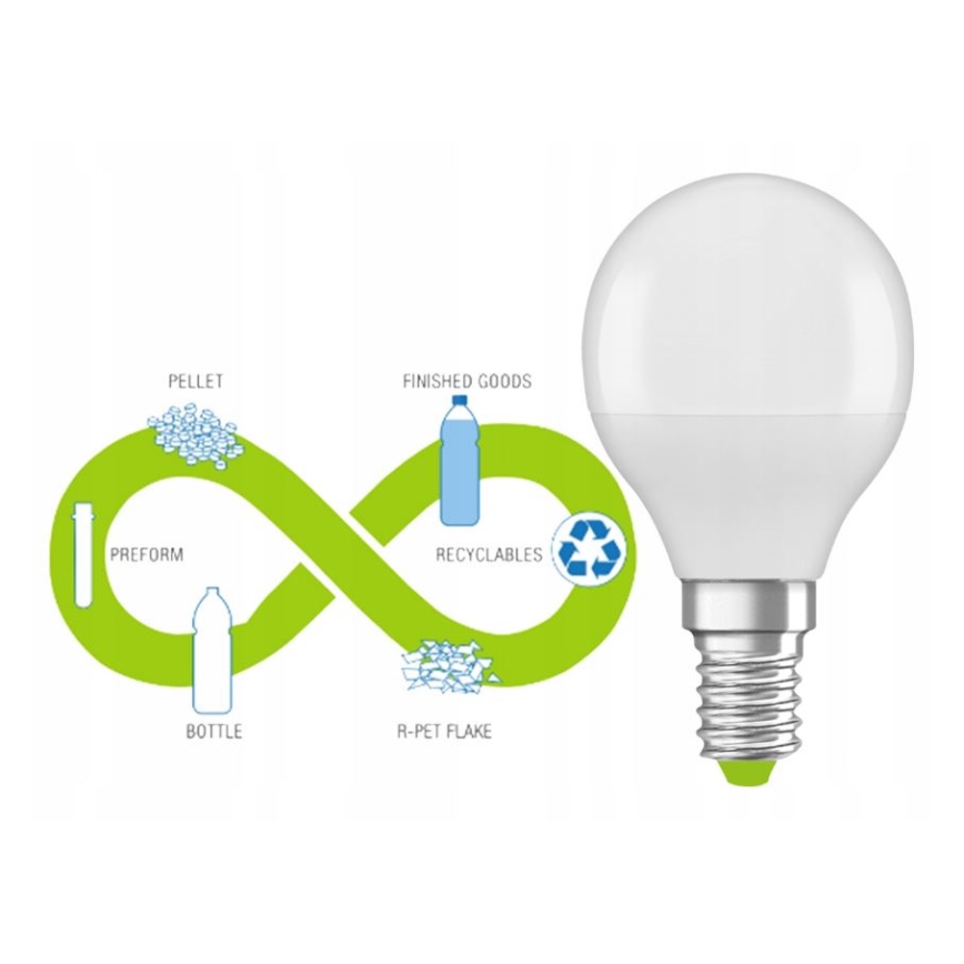 Светодиодная лампочка из переработанного пластика P45 E14/4,9W/230V 2700K - Ledvance