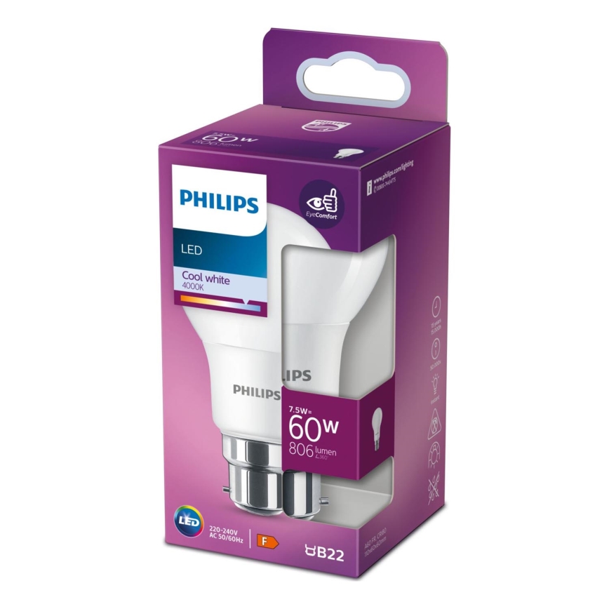 Светодиодная лампочка Philips A60 B22/7,5W/230V 4000K