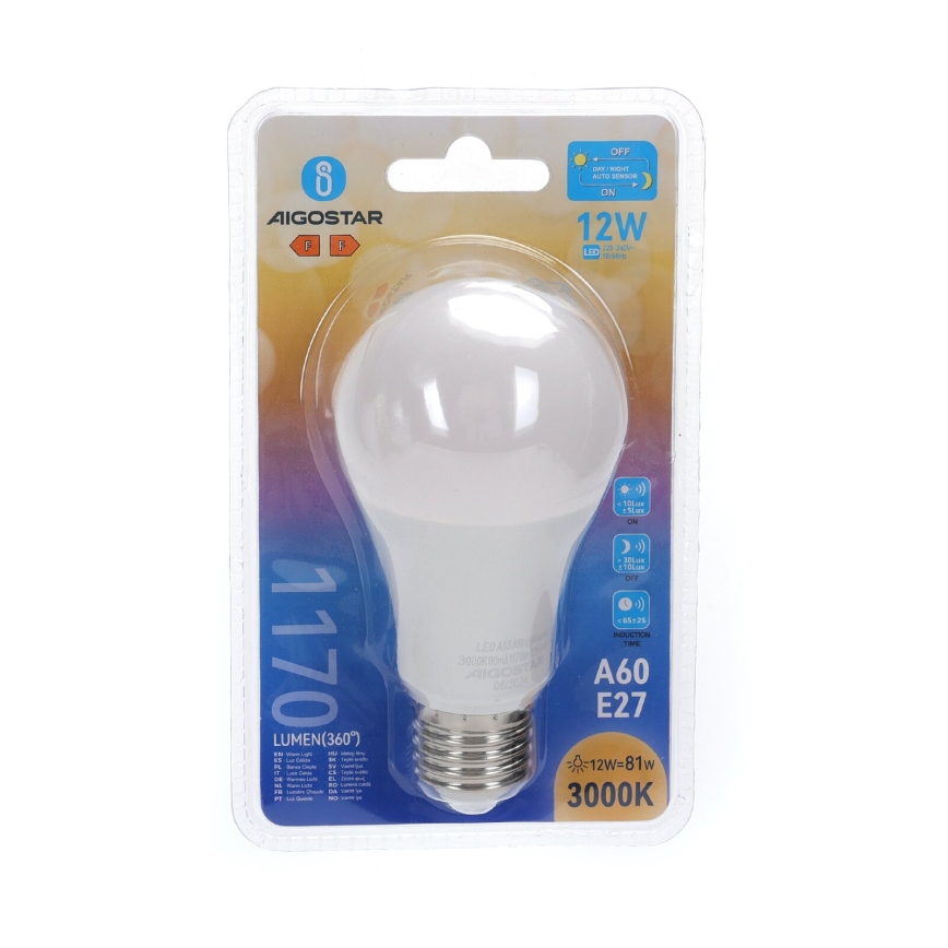 Светодиодная лампочка с датчиком освещенности A60 E27/12W/230V 3000K - Aigostar