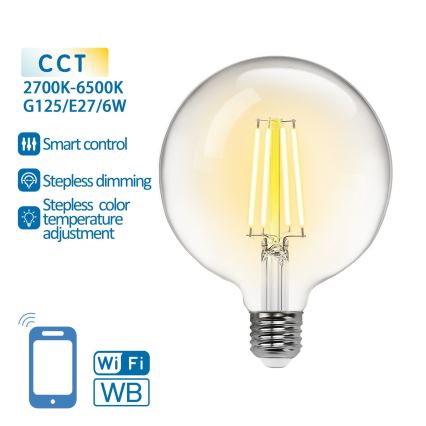 Светодиодная лампочка с регулированием яркости FILAMENT G125 E27/6W/230V 2700-6500K Wi-Fi - Aigostar
