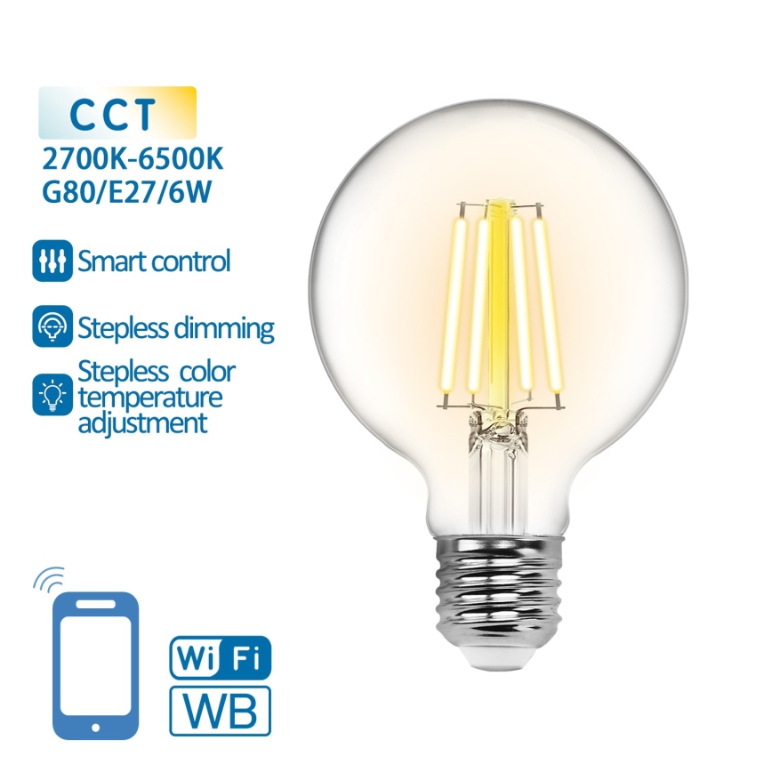 Светодиодная лампочка с регулированием яркости FILAMENT G80 E27/6W/230V 2700-6500K Wi-Fi - Aigostar