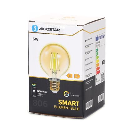 Светодиодная лампочка с регулированием яркости FILAMENT G80 E27/6W/230V 2700-6500K Wi-Fi - Aigostar