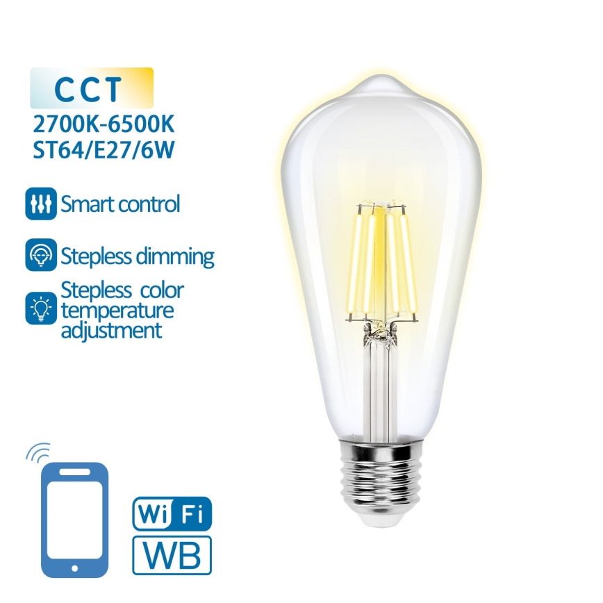 Светодиодная лампочка с регулированием яркости FILAMENT ST64 E27/6W/230V 2700-6500K Wi-Fi - Aigostar