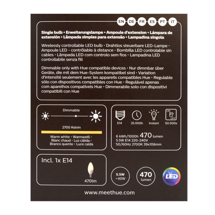 Светодиодная лампочка с регулированием яркости Philips Hue WHITE E14/5,5W/230V 2700K