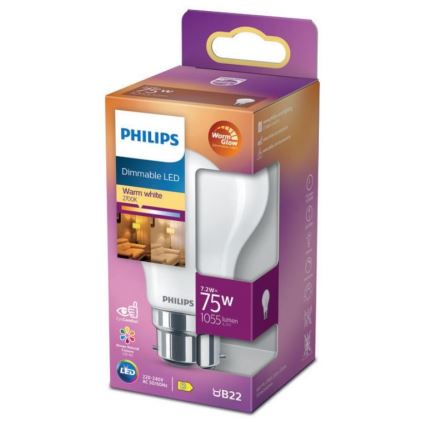 Светодиодная лампочка с регулированием яркости Philips Warm Glow A60 B22/7,2W/230V 2200-2700K CRI 90