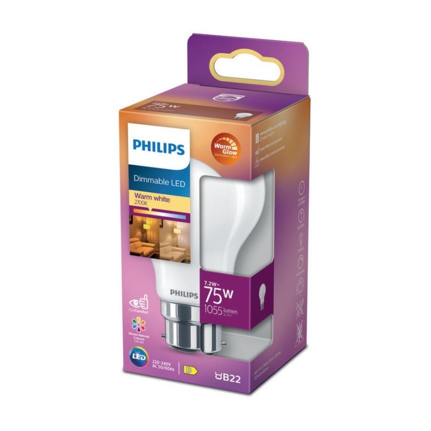 Светодиодная лампочка с регулированием яркости Philips Warm Glow A60 B22/7,2W/230V 2200-2700K CRI 90