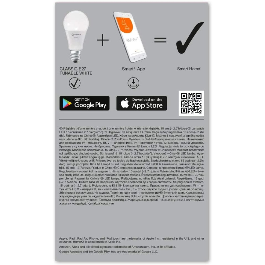 Светодиодная лампочка с регулированием яркости SMART+ E27/9,5W/230V 2700K-6500K Wi-Fi - Ledvance