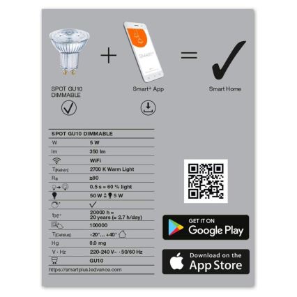 Светодиодная лампочка с регулированием яркости SMART+ GU10/5W/230V 2700K Wi-Fi - Ledvance