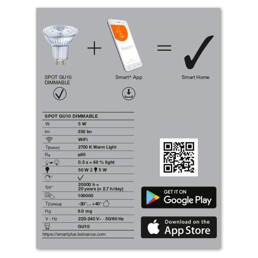 Светодиодная лампочка с регулированием яркости SMART+ GU10/5W/230V 2700K Wi-Fi - Ledvance