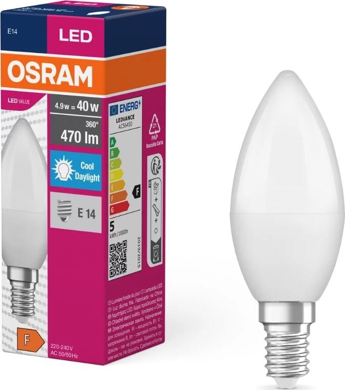 Светодиодная лампочка VALUE B40 E14/4,9W/230V 6500K - Osram