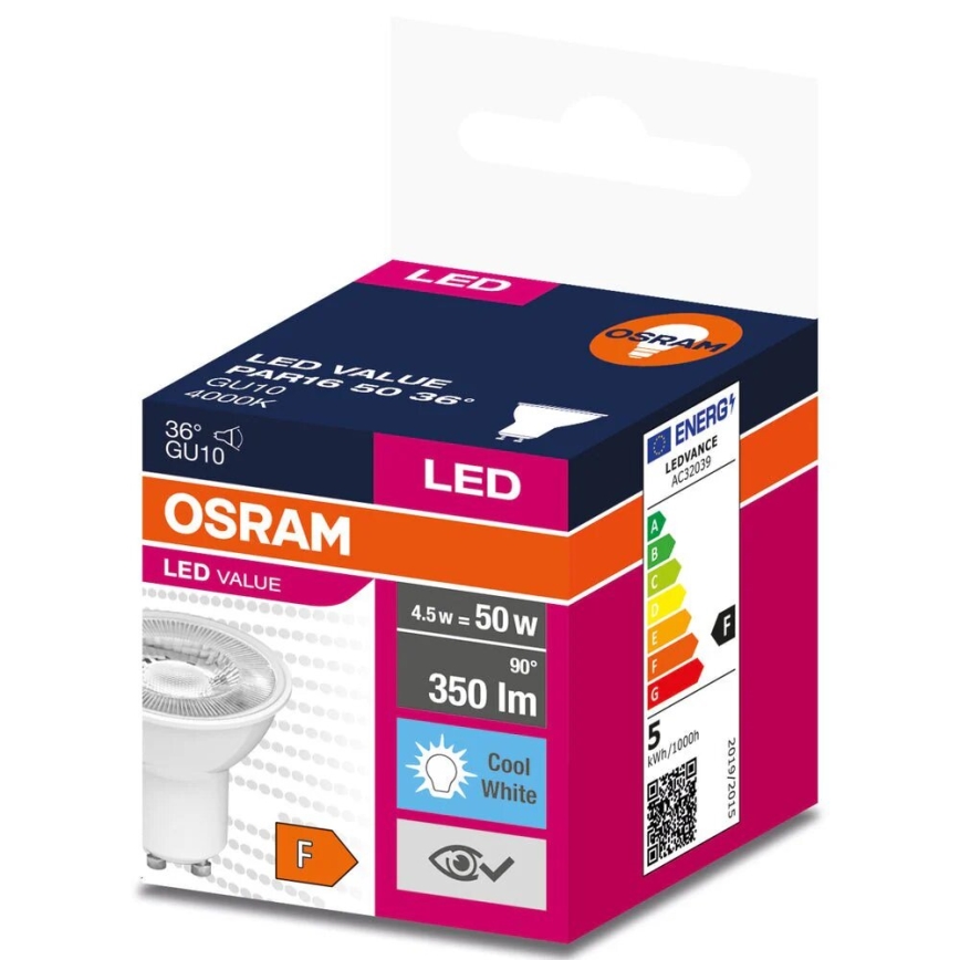 Светодиодная лампочка VALUE PAR16 GU10/4,5W/230V 4000K 36° белый - Osram