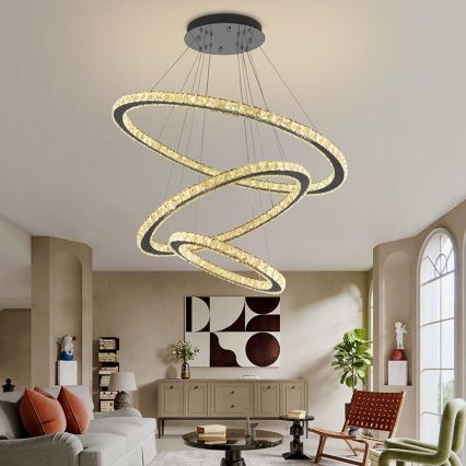 Светодиодная регулируемая кристальная люстра на тросе LED/210W/230V 3000-6500K серебристая + пульт дистанционного управления