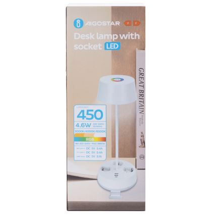 Светодиодная настольная лампа Aigostar RGBW с dimmer, розетками и USB, 4,6 Вт, 230 В, 3000/4000/6500K, белая
