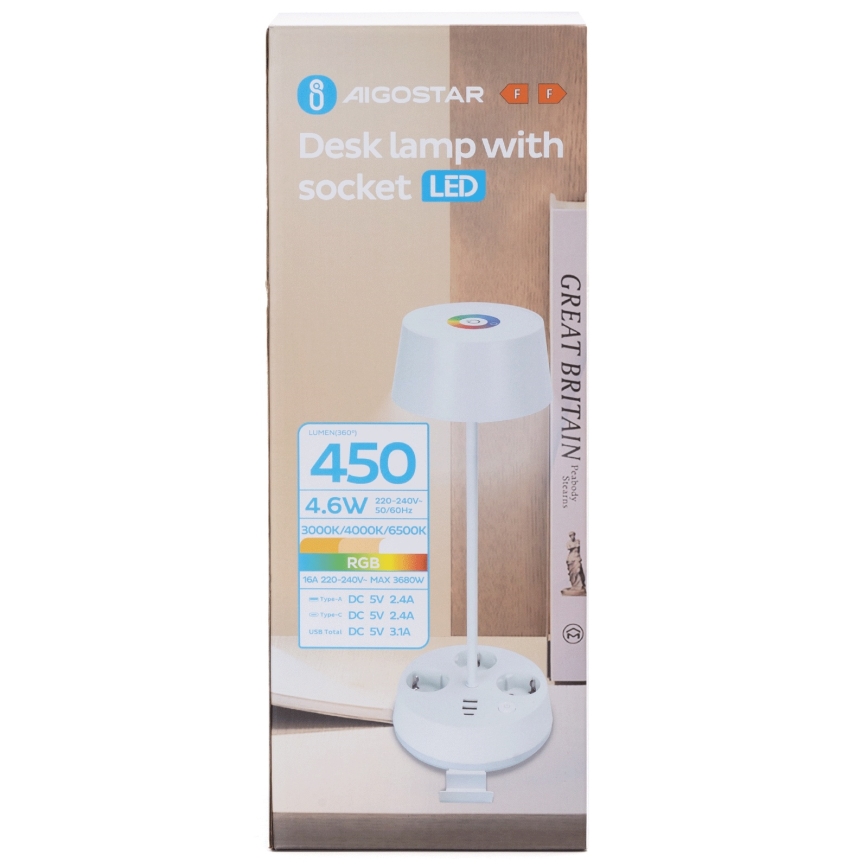 Светодиодная настольная лампа Aigostar RGBW с dimmer, розетками и USB, 4,6 Вт, 230 В, 3000/4000/6500K, белая