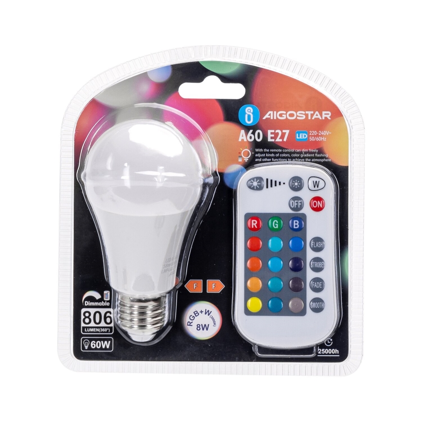 Светодиодная RGBW-лампочка с регулированием яркости E27/8W/230V 3000K + дистанционное управление - Aigostar