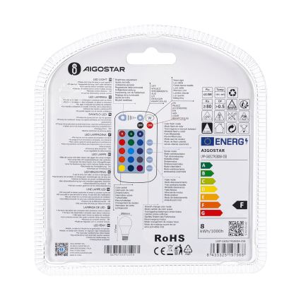 Светодиодная RGBW-лампочка с регулированием яркости E27/8W/230V 3000K + дистанционное управление - Aigostar