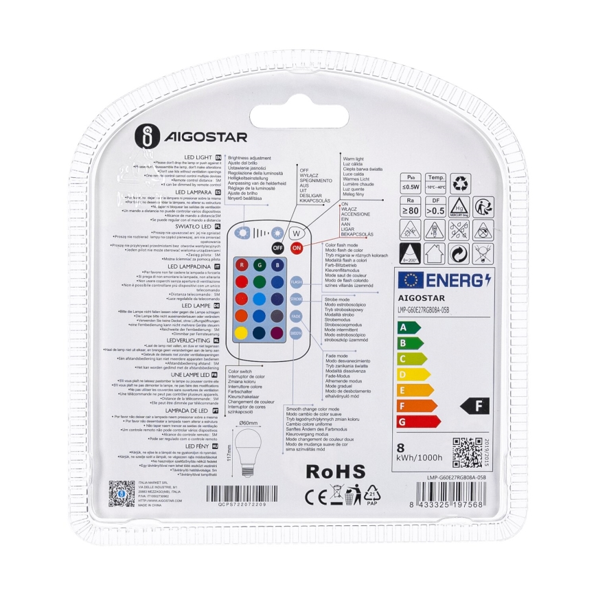 Светодиодная RGBW-лампочка с регулированием яркости E27/8W/230V 3000K + дистанционное управление - Aigostar