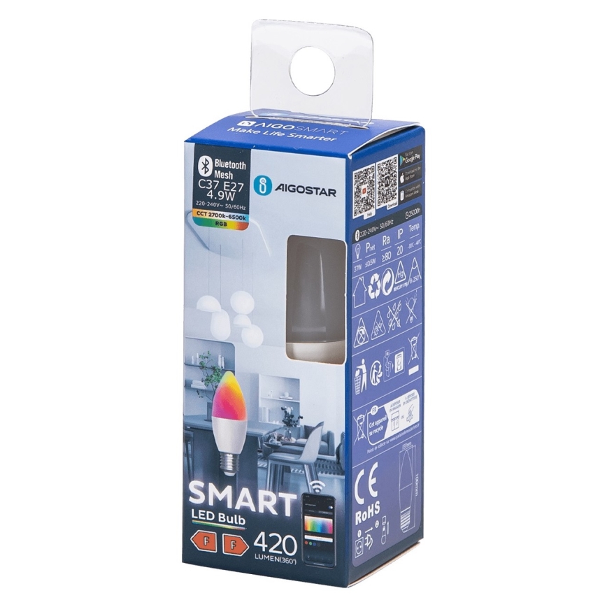 Светодиодная RGBW-лампочка с регулированием яркости C37 E27/4,9W/230V 2700-6500K - Aigostar