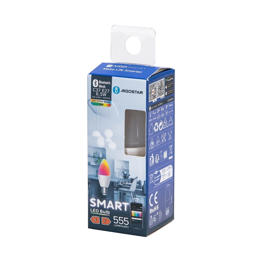 Светодиодная RGBW-лампочка с регулированием яркости C37 E27/6,5W/230V 2700-6500K - Aigostar