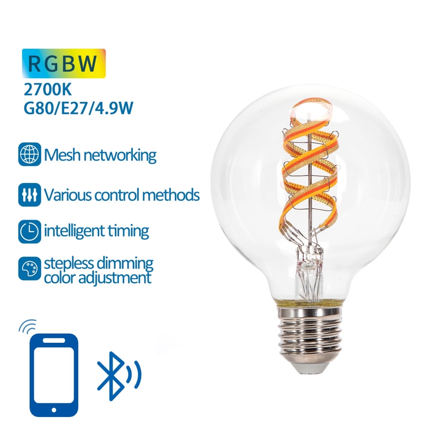 Светодиодная RGBW-лампочка с регулированием яркости FILAMENT MESH Smart G80 E27/4,9W/230V 2700K - Aigostar