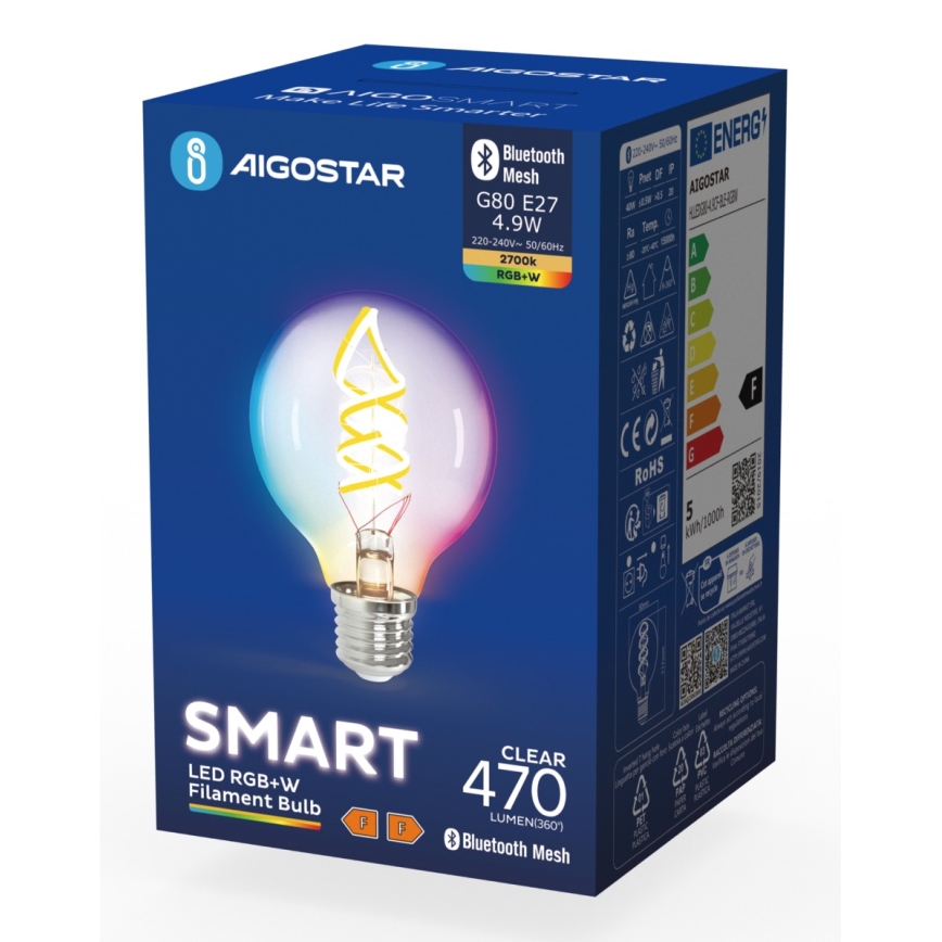 Светодиодная RGBW-лампочка с регулированием яркости FILAMENT MESH Smart G80 E27/4,9W/230V 2700K - Aigostar