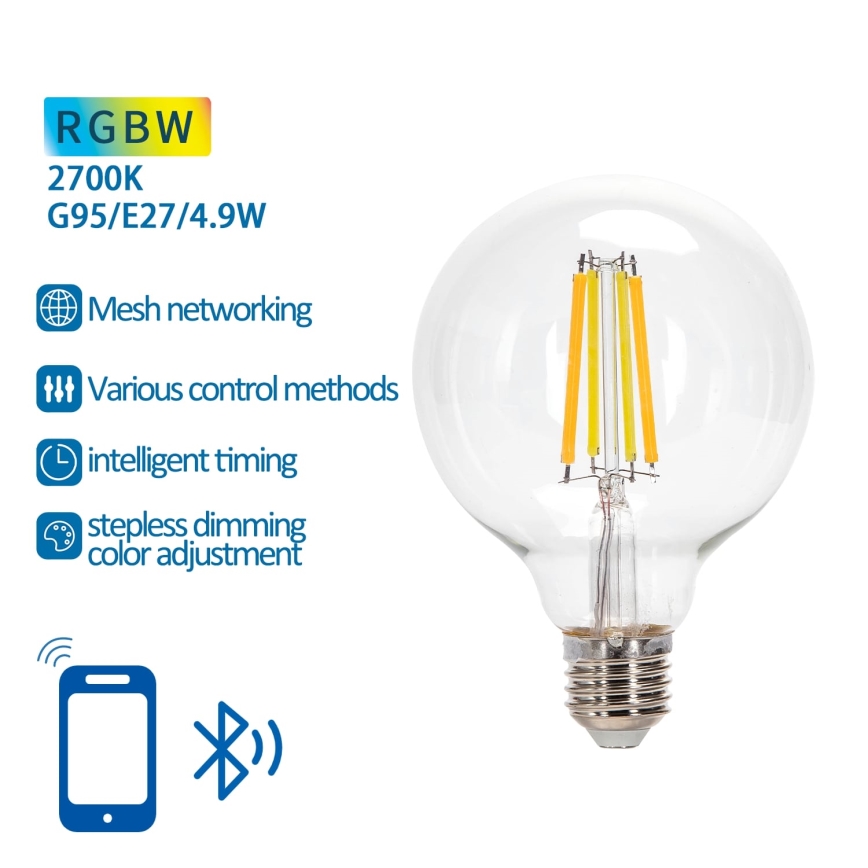 Светодиодная RGBW-лампочка с регулированием яркости FILAMENT MESH Smart G95 E27/4,9W/230V 2700K - Aigostar