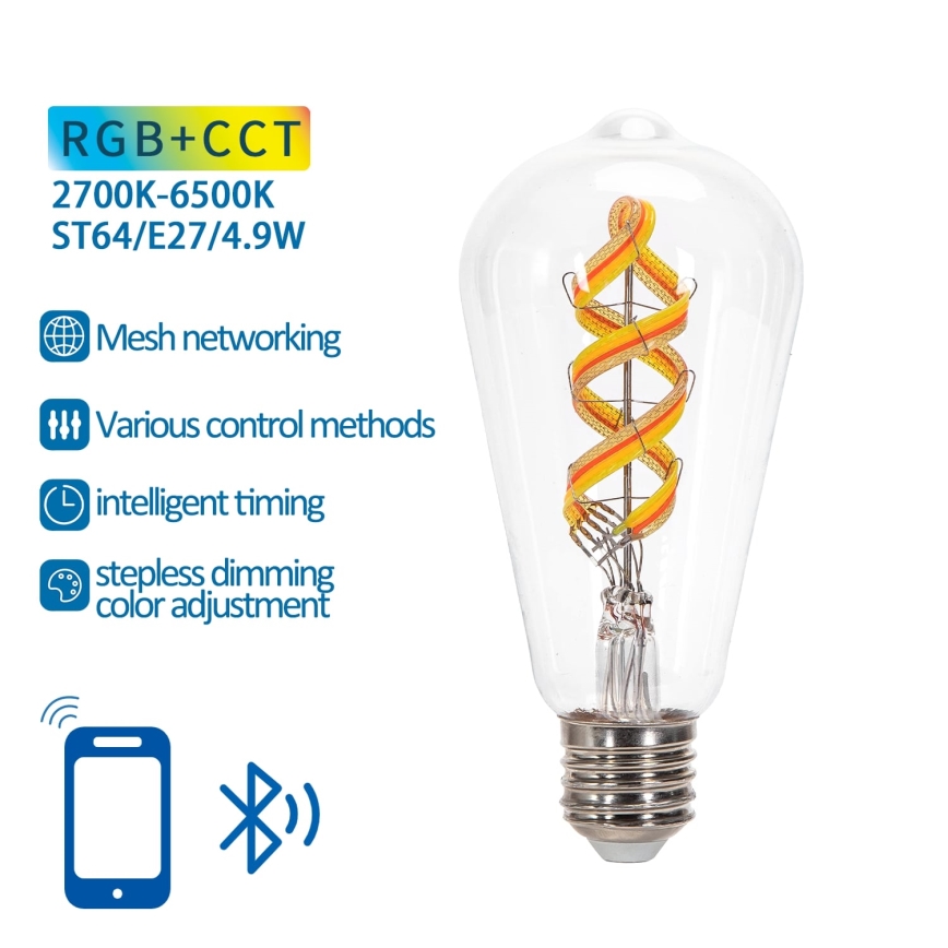 Светодиодная RGBW-лампочка с регулированием яркости FILAMENT MESH Smart ST64 E27/4,9W/230V 2700-6500K - Aigostar