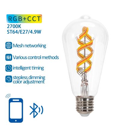 Светодиодная RGBW-лампочка с регулированием яркости FILAMENT MESH Smart ST64 E27/4,9W/230V 2700K - Aigostar