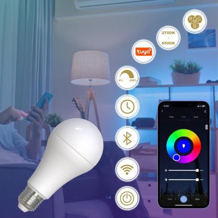 Светодиодная RGBW-лампочка с регулированием яркости A60 E27/15W/230V 2700-6500K Wi-Fi Tuya