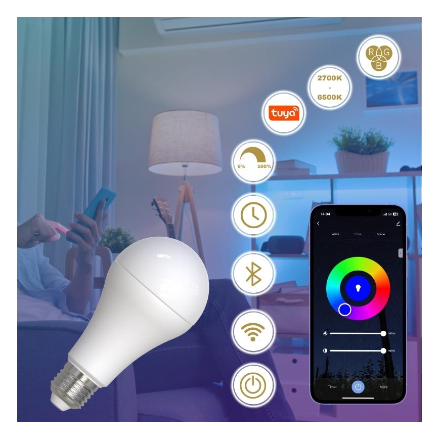 Светодиодная RGBW-лампочка с регулированием яркости A60 E27/15W/230V 2700-6500K Wi-Fi Tuya