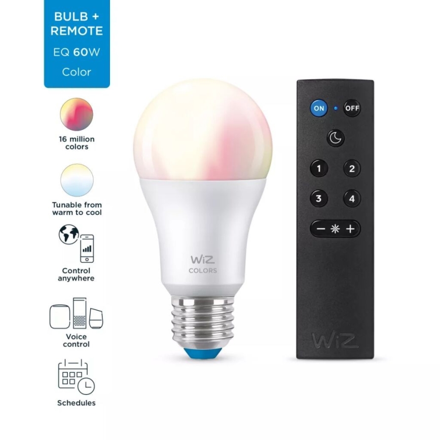 Светодиодная RGBW-лампочка с регулированием яркости A60 E27/8,5W/230V 2200-6500K CRI 90 Wi-Fi + дистанционное управление - WiZ