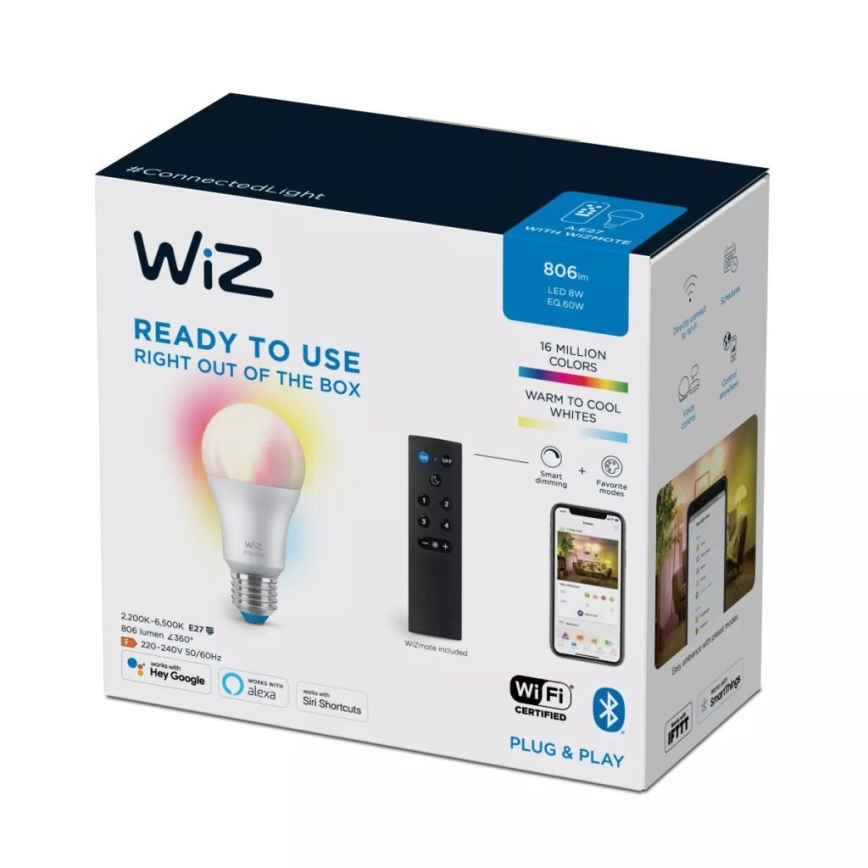 Светодиодная RGBW-лампочка с регулированием яркости A60 E27/8,5W/230V 2200-6500K CRI 90 Wi-Fi + дистанционное управление - WiZ