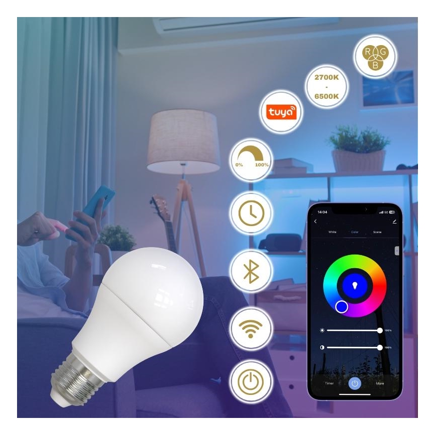 Светодиодная RGBW-лампочка с регулированием яркости A60 E27/9W/230V 2700-6500K Wi-Fi Tuya