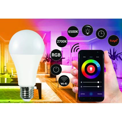 Светодиодная RGBW-лампочка с регулированием яркости A65 E27/11W/230V 2700-6500K Wi-Fi Tuya