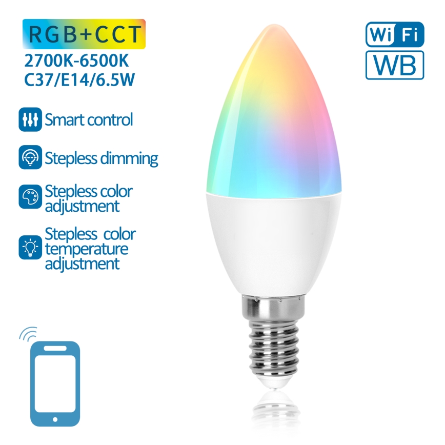 Светодиодная RGBW-лампочка с регулированием яркости C37 E14/6,5W/230V 2700-6500K Wi-Fi - Aigostar