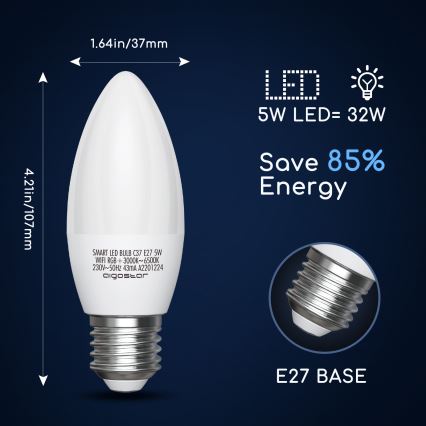 Светодиодная RGBW-лампочка с регулированием яркости C37 E27/5W/230V 3000-6500K Wi-Fi - Aigostar