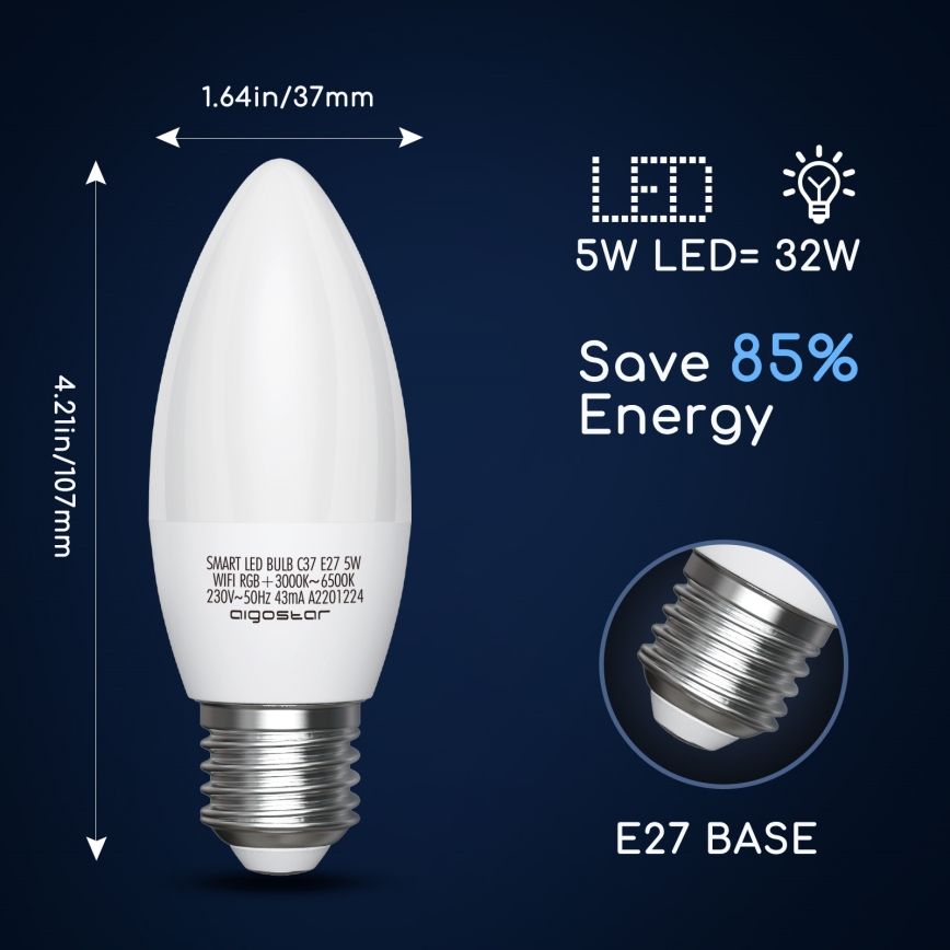 Светодиодная RGBW-лампочка с регулированием яркости C37 E27/5W/230V 3000-6500K Wi-Fi - Aigostar