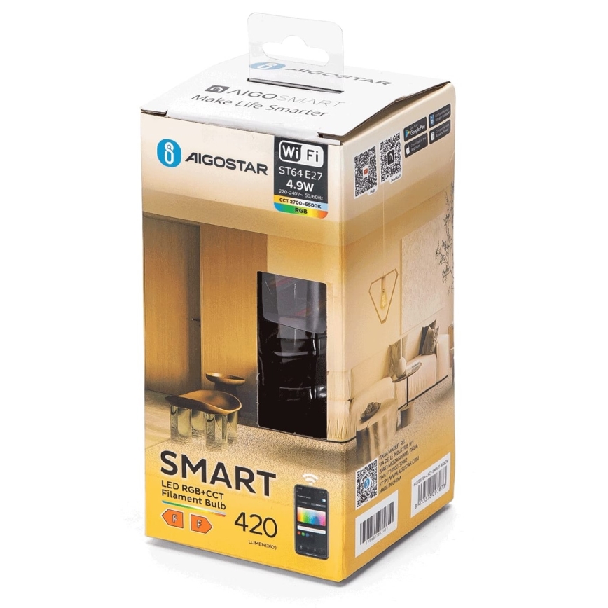 Светодиодная RGBW-лампочка с регулированием яркости FILAMENT ST64 E27/4,9W/230V 2700-6500K Wi-Fi - Aigostar