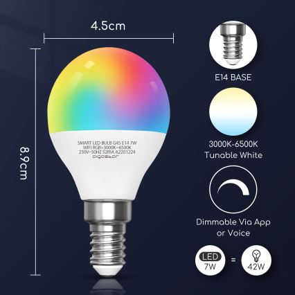 Светодиодная RGBW-лампочка с регулированием яркости G45 E14/7W/230V 3000-6500K Wi-Fi - Aigostar