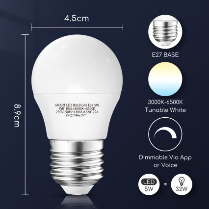 Светодиодная RGBW-лампочка с регулированием яркости G45 E27/5W/230V 3000-6500K Wi-Fi - Aigostar