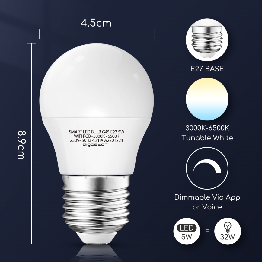 Светодиодная RGBW-лампочка с регулированием яркости G45 E27/5W/230V 3000-6500K Wi-Fi - Aigostar