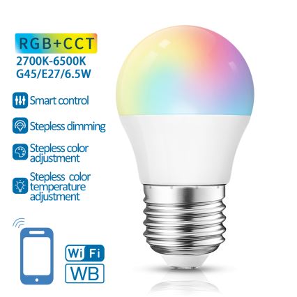 Светодиодная RGBW-лампочка с регулированием яркости G45 E27/6,5W/230V 2700-6500K Wi-Fi - Aigostar