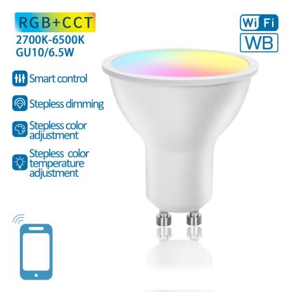 Светодиодная RGBW-лампочка с регулированием яркости GU10/6,5W/230V 2700-6500K Wi-Fi - Aigostar