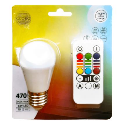 Светодиодная RGBW-лампочка с регулированием яркости E27/6W/230V 3000K + дистанционное управление - Globo