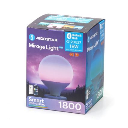 Светодиодная RGBW-лампочка с регулированием яркости MESH G120 E27/18W/230V 6500K + дистанционное управление - Aigostar