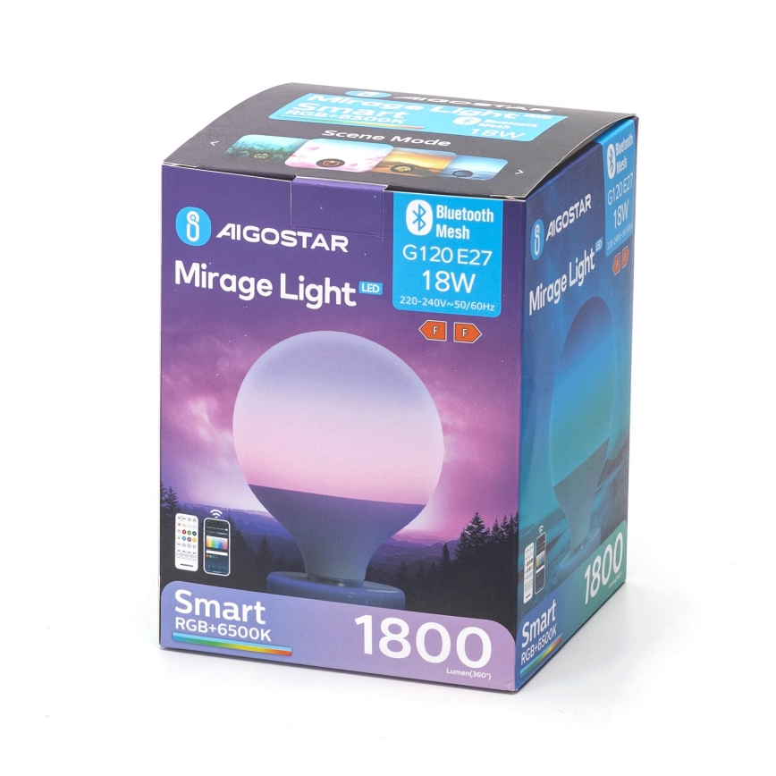 Светодиодная RGBW-лампочка с регулированием яркости MESH G120 E27/18W/230V 6500K + дистанционное управление - Aigostar