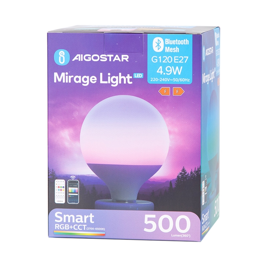 Светодиодная RGBW-лампочка с регулированием яркости MESH G120 E27/4,9W/230V 2700-6500K + дистанционное управление - Aigostar
