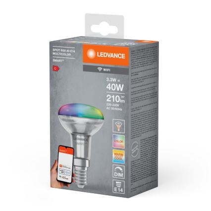 Светодиодная прожекторная RGBW-лампочка с регулированием яркости SMART+ R50 E14/3,3W/230V 2700-6500K Wi-Fi - Ledvance