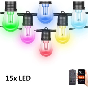 Светодиодная уличная RGB+CCT гирлянда с регулированием яркости GARLAND 15xLED/1W/230V 15 м Wi-Fi Tuya IP65 + дистанционное управление